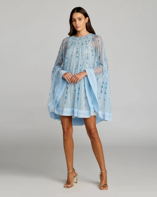 Mac Duggal Blue Beaded Lace Cape Sleeve Mini Dress