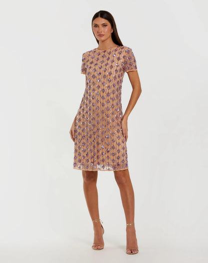 Mac Duggal Beige Embellished Short Sleeve Shift Dress