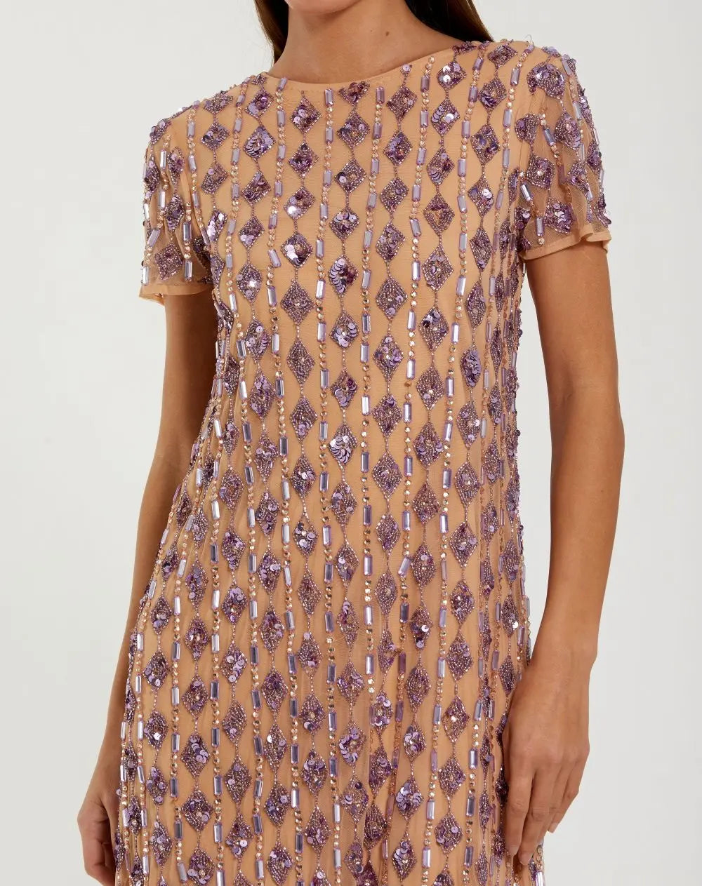 Mac Duggal Beige Embellished Short Sleeve Shift Dress