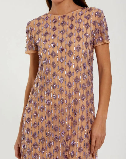 Mac Duggal Beige Embellished Short Sleeve Shift Dress
