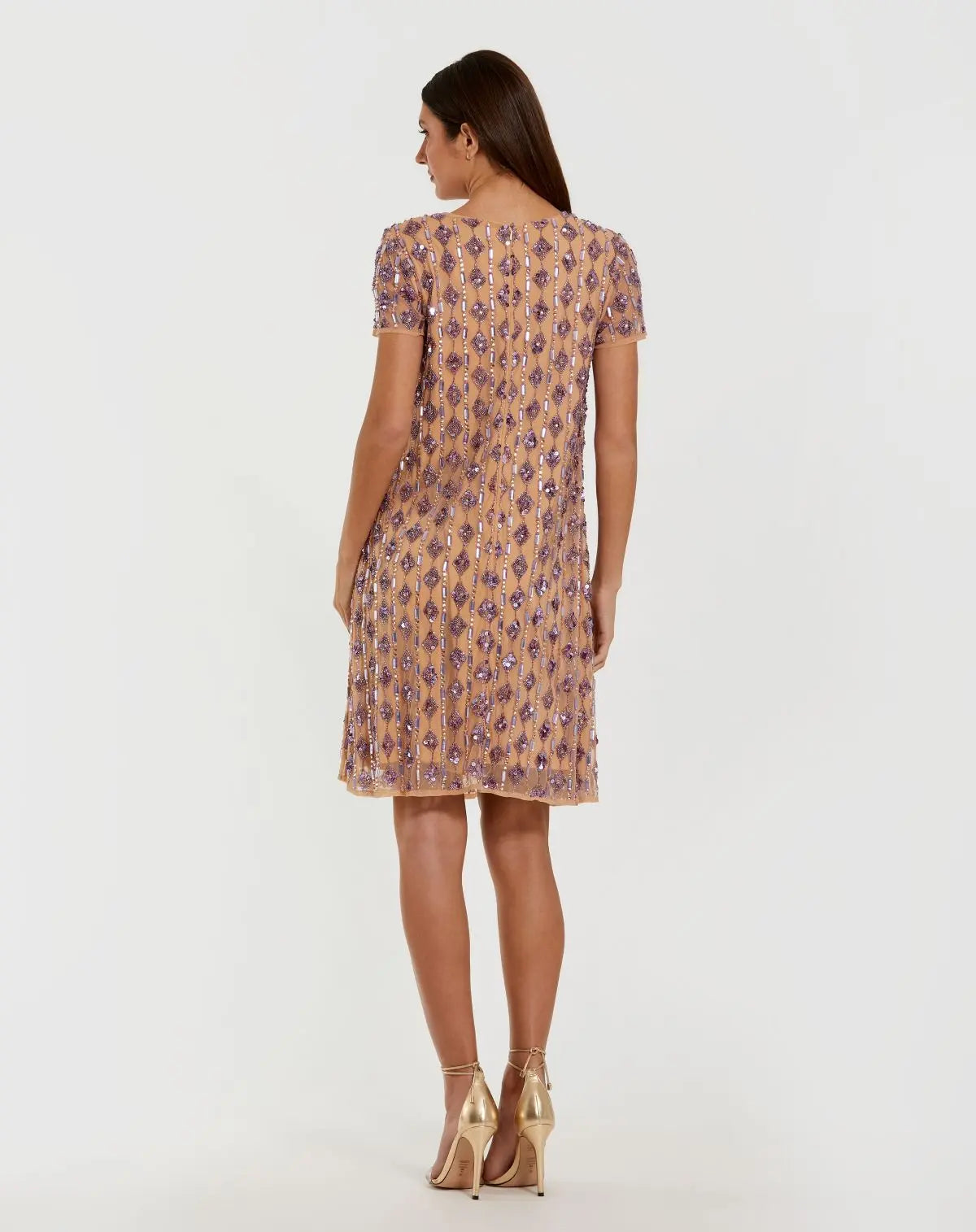 Mac Duggal Beige Embellished Short Sleeve Shift Dress