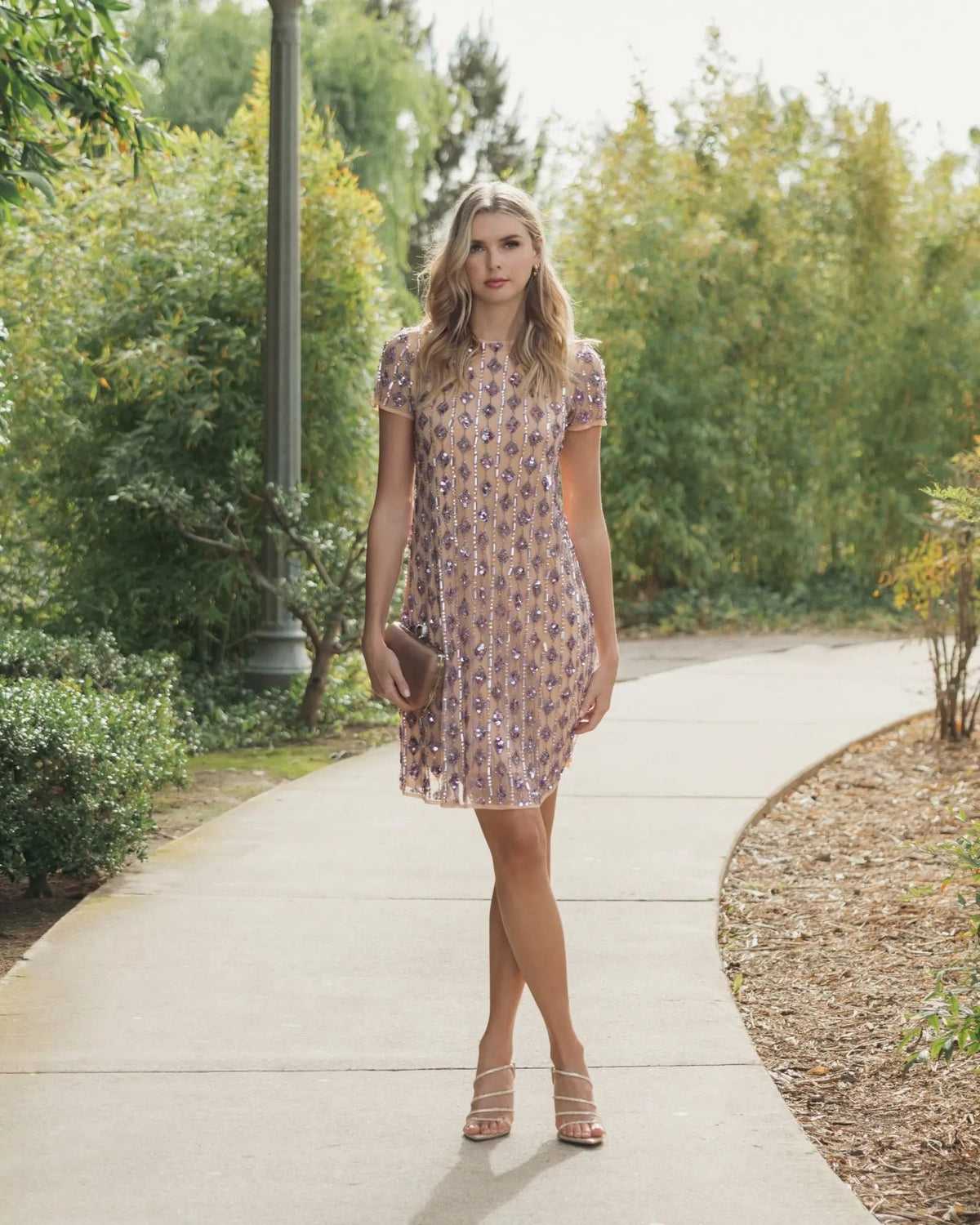 Mac Duggal Beige Embellished Short Sleeve Shift Dress