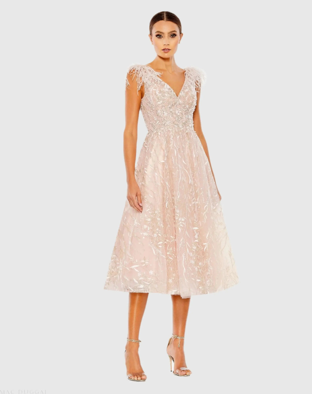 Mac Duggal Pink Embroidered Sleeveless Feather Detail Midi Dress Duggal