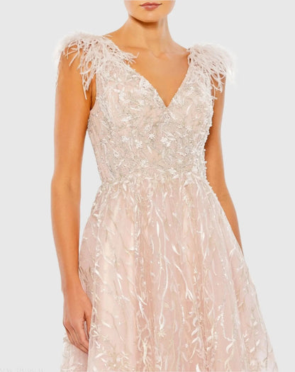 Mac Duggal Pink Embroidered Sleeveless Feather Detail Midi Dress Duggal