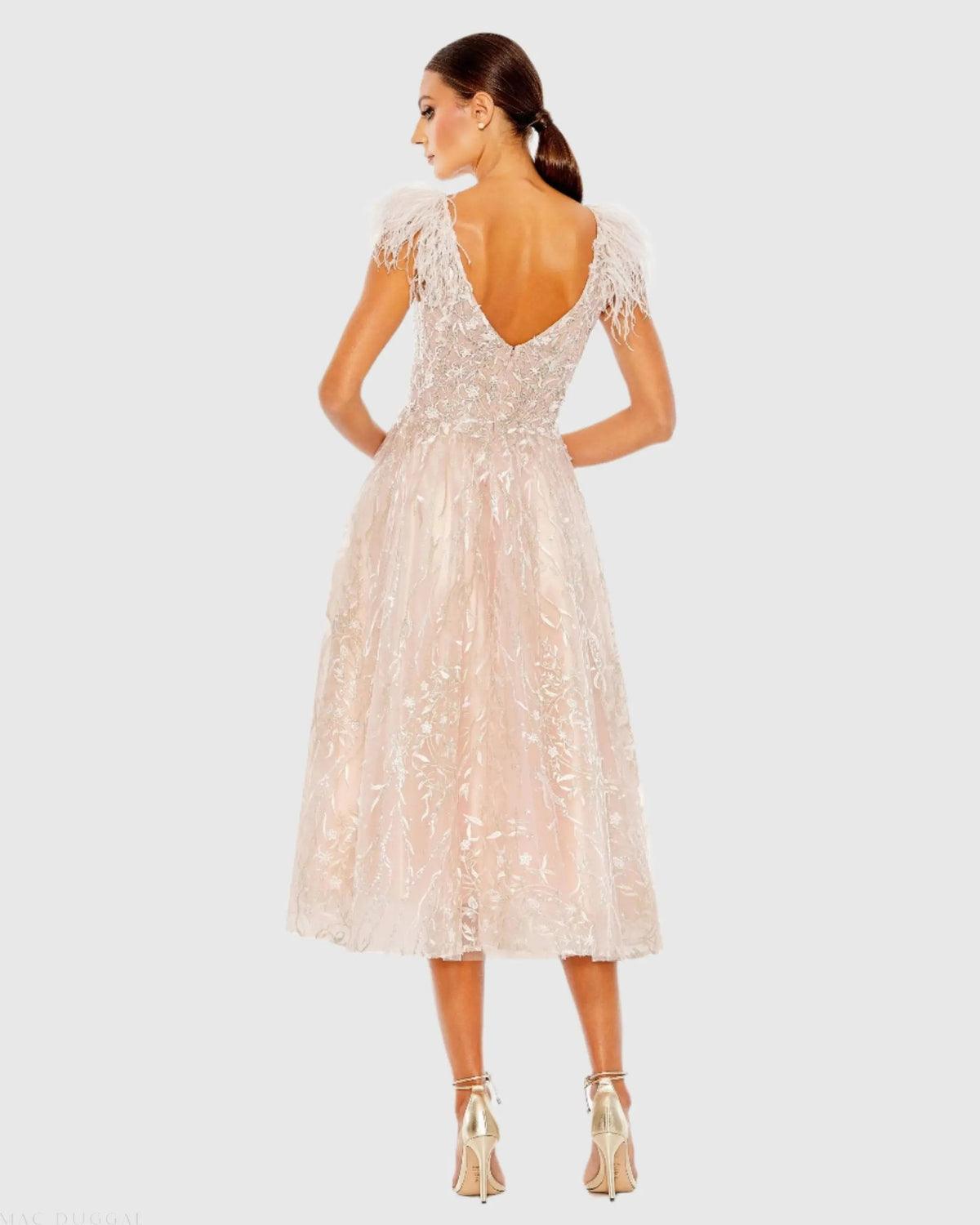 Mac Duggal Pink Embroidered Sleeveless Feather Detail Midi Dress Duggal