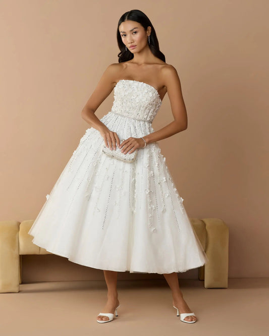 Mac Duggal White Strapless Floral Embellished Midi Dress