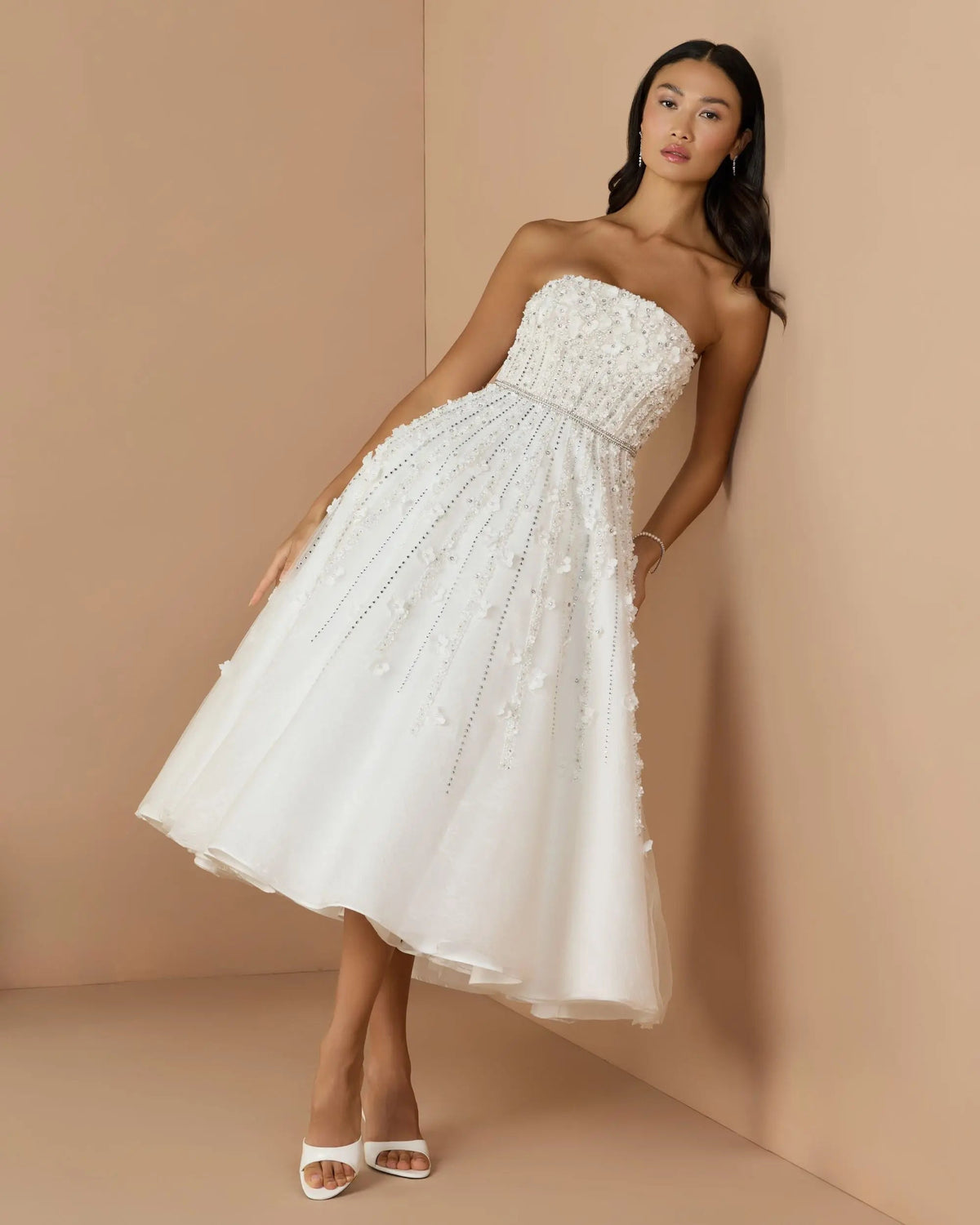 Mac Duggal White Strapless Floral Embellished Midi Dress