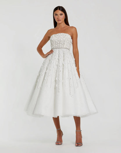 Mac Duggal White Strapless Floral Embellished Midi Dress