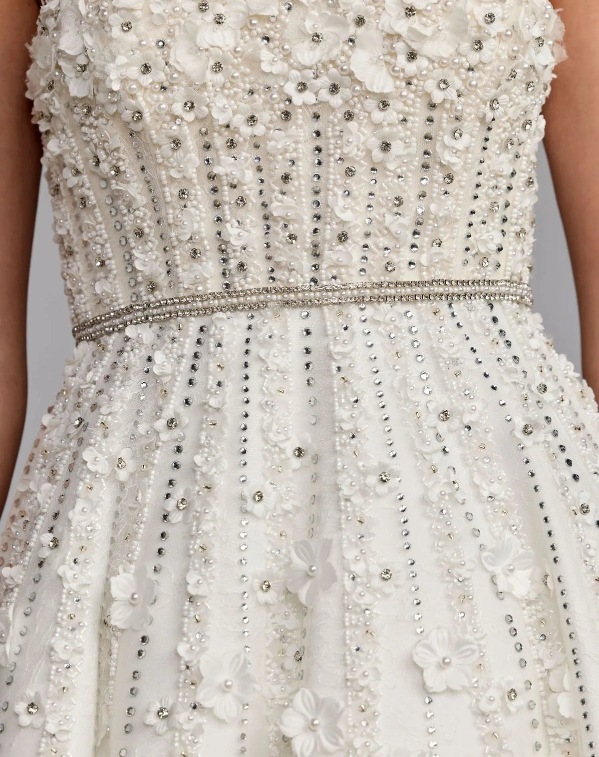 Mac Duggal White Strapless Floral Embellished Midi Dress