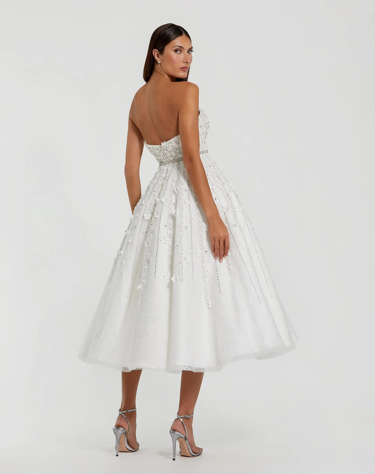 Mac Duggal White Strapless Floral Embellished Midi Dress