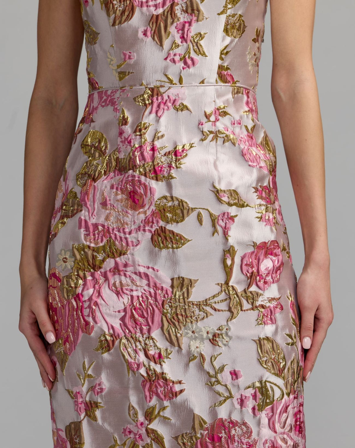 Mac Duggal Light Pink Floral Brocade Bow Strap Midi Dress