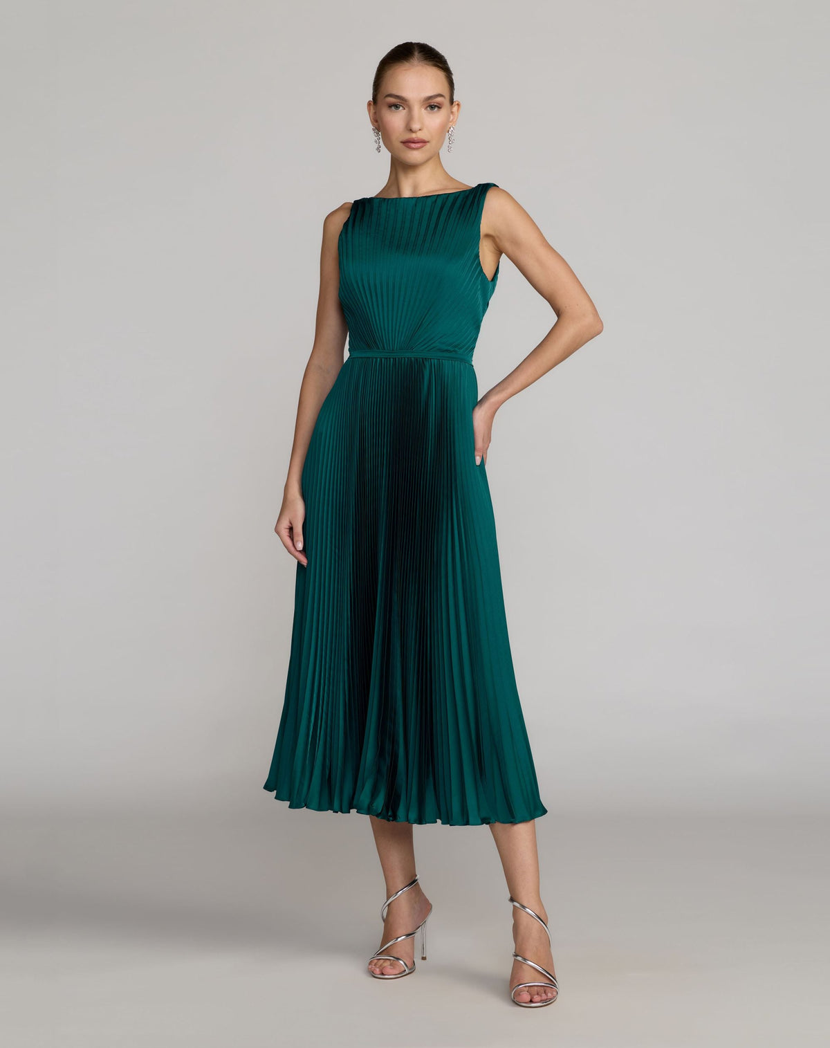 Mac Duggal Petite Teal Sleeveless High Neck Pleated Midi Dress Duggal