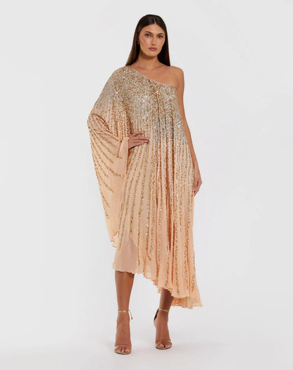 Mac Duggal Light Orange One Shoulder Ombre Sequin Kaftan Dress