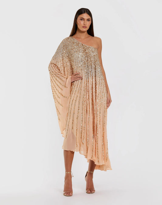 Mac Duggal Light Orange One Shoulder Ombre Sequin Kaftan Dress