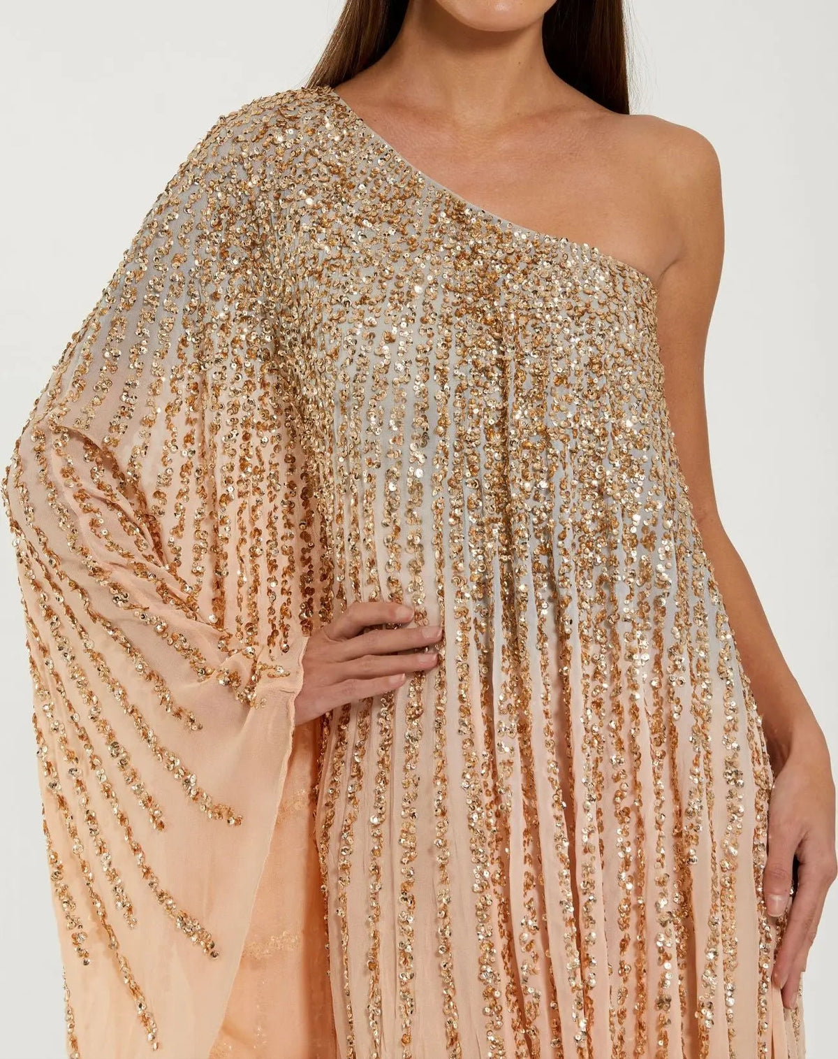 Mac Duggal Light Orange One Shoulder Ombre Sequin Kaftan Dress