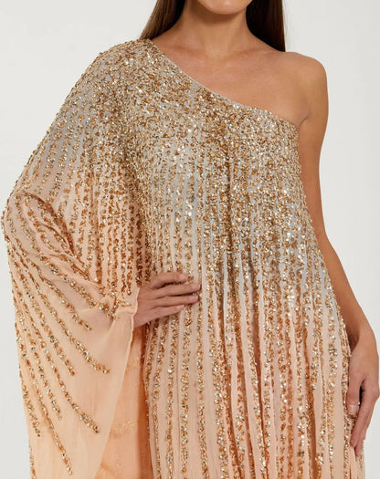 Mac Duggal Light Orange One Shoulder Ombre Sequin Kaftan Dress
