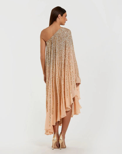 Mac Duggal Light Orange One Shoulder Ombre Sequin Kaftan Dress