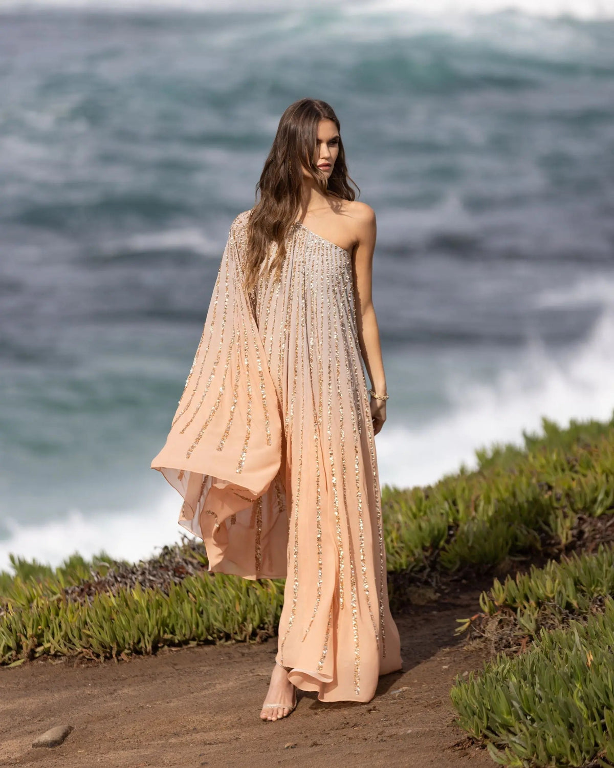 Mac Duggal Light Orange One Shoulder Ombre Sequin Kaftan Dress