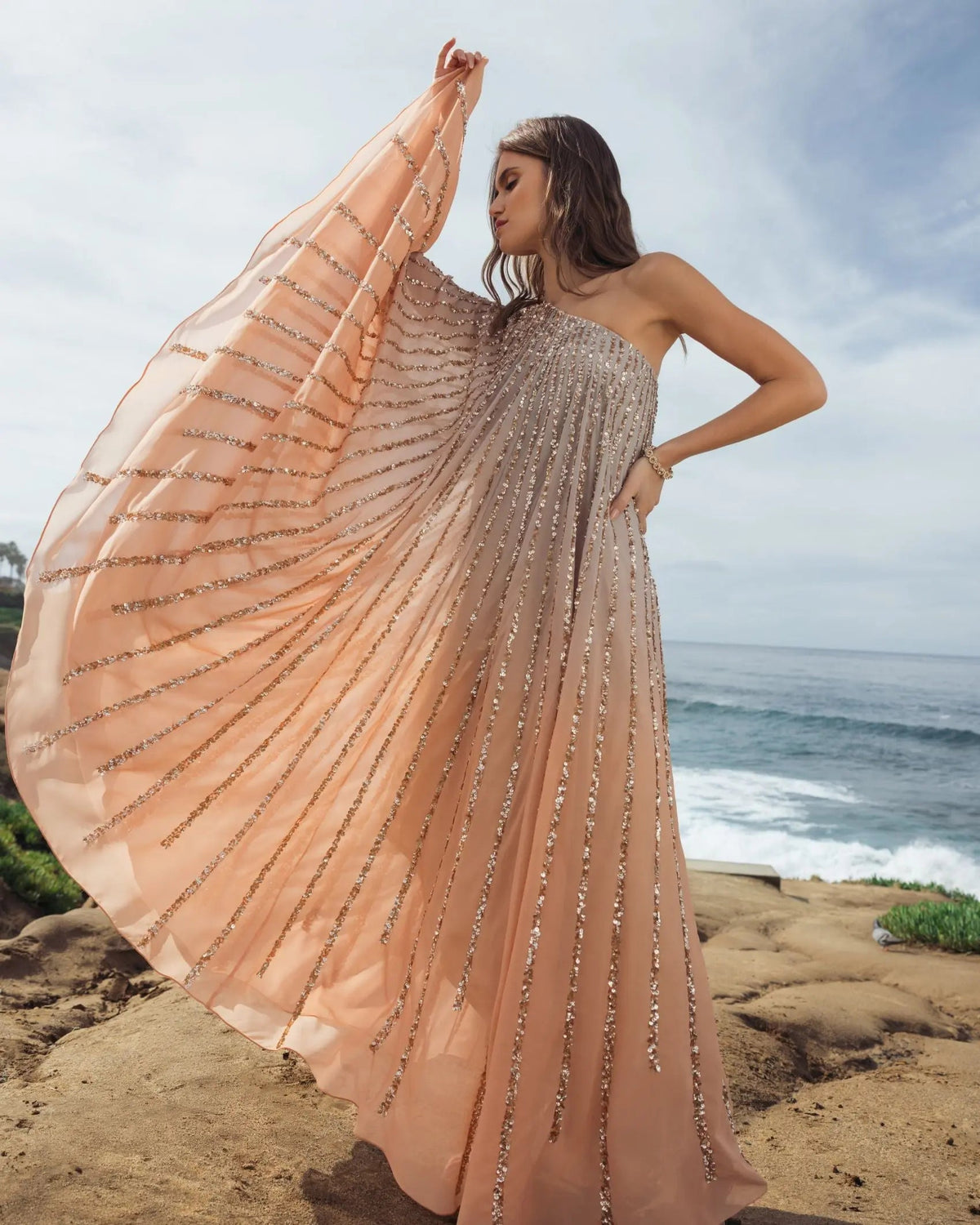 Mac Duggal Light Orange One Shoulder Ombre Sequin Kaftan Dress