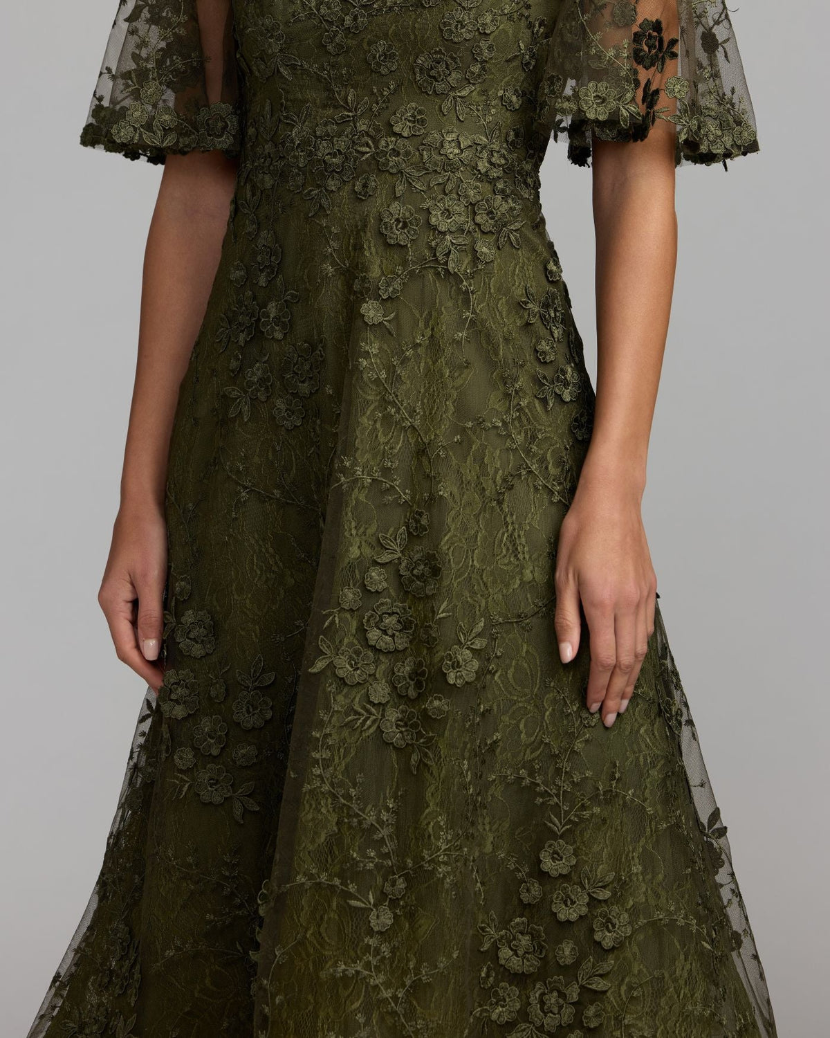 Mac Duggal Deep Green Flutter Sleeve Embroidered Midi Dress