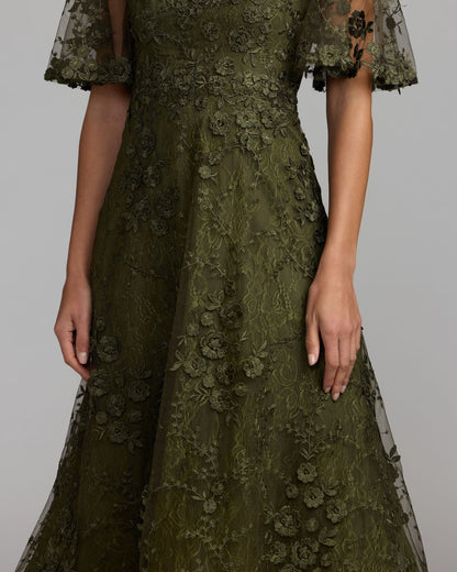 Mac Duggal Deep Green Flutter Sleeve Embroidered Midi Dress