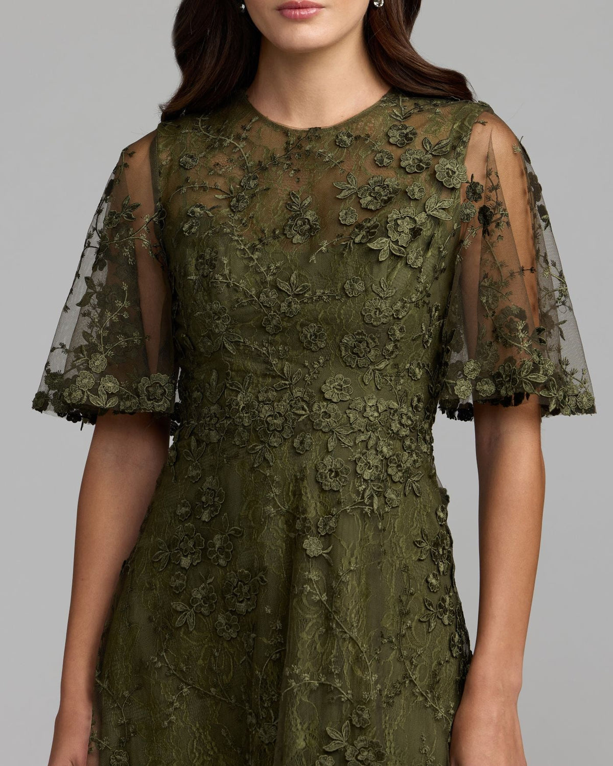 Mac Duggal Deep Green Flutter Sleeve Embroidered Midi Dress