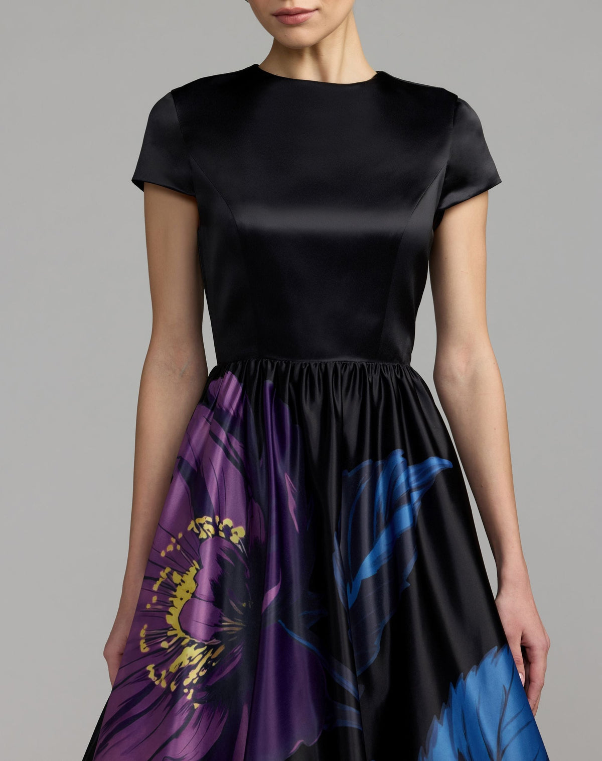 Mac Duggal Black Satin Cap Sleeve Floral Printed A-Line Dress