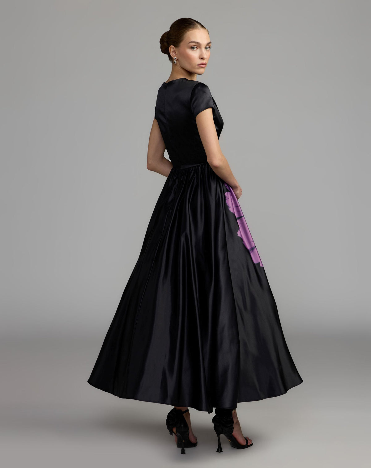 Mac Duggal Black Satin Cap Sleeve Floral Printed A-Line Dress