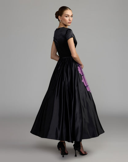 Mac Duggal Black Satin Cap Sleeve Floral Printed A-Line Dress