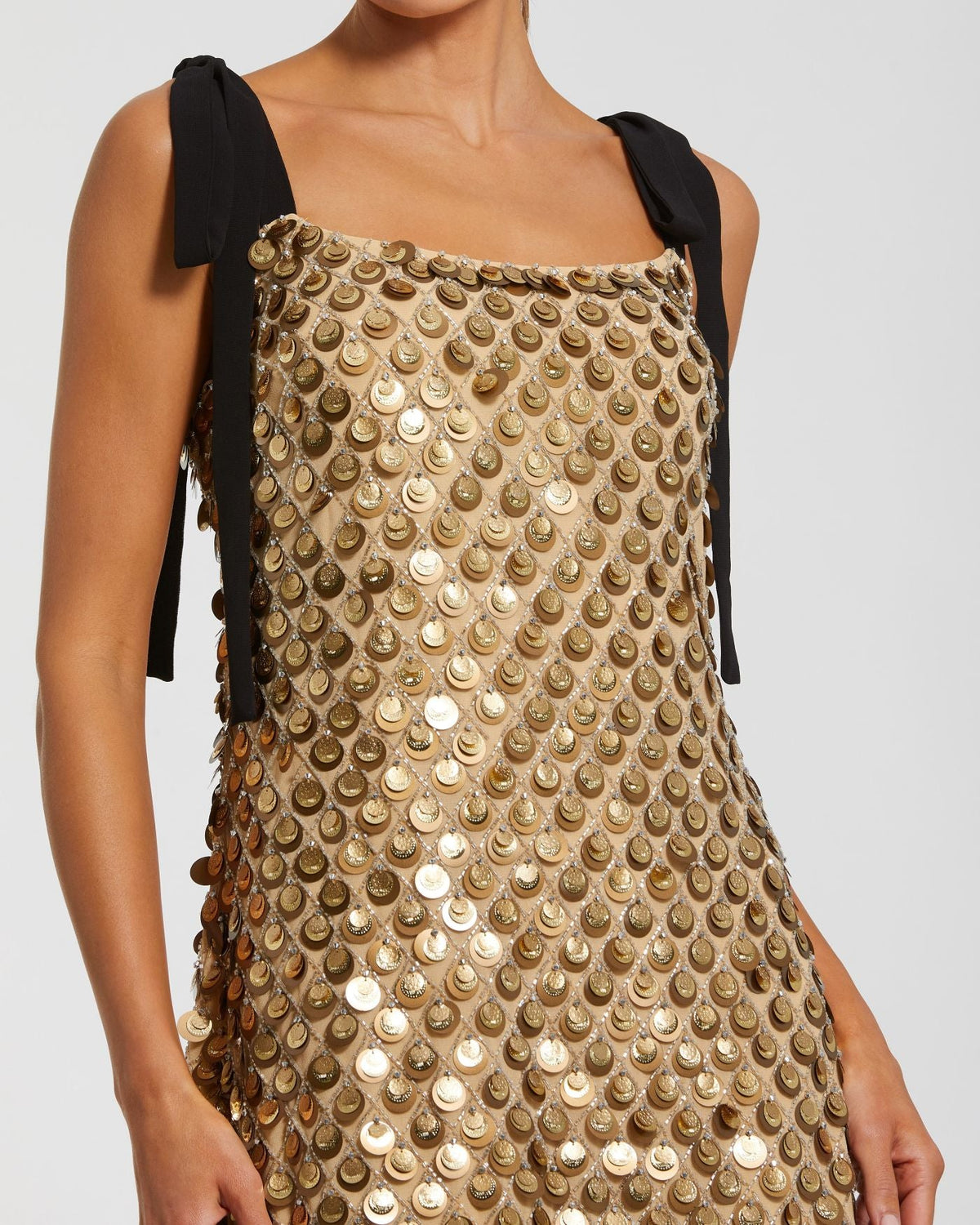 Mac Duggal Gold Bow Strap Sequin Mini Dress