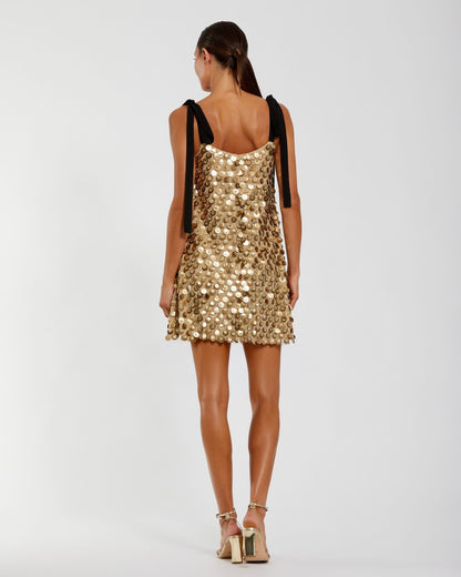 Mac Duggal Gold Bow Strap Sequin Mini Dress
