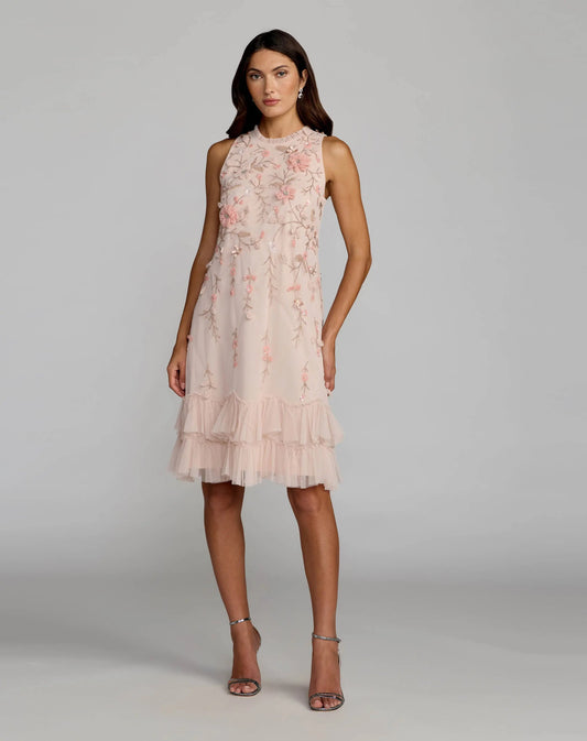 Mac Duggal Pink Embellished Ruffle Tiered High Neck Floral Dress