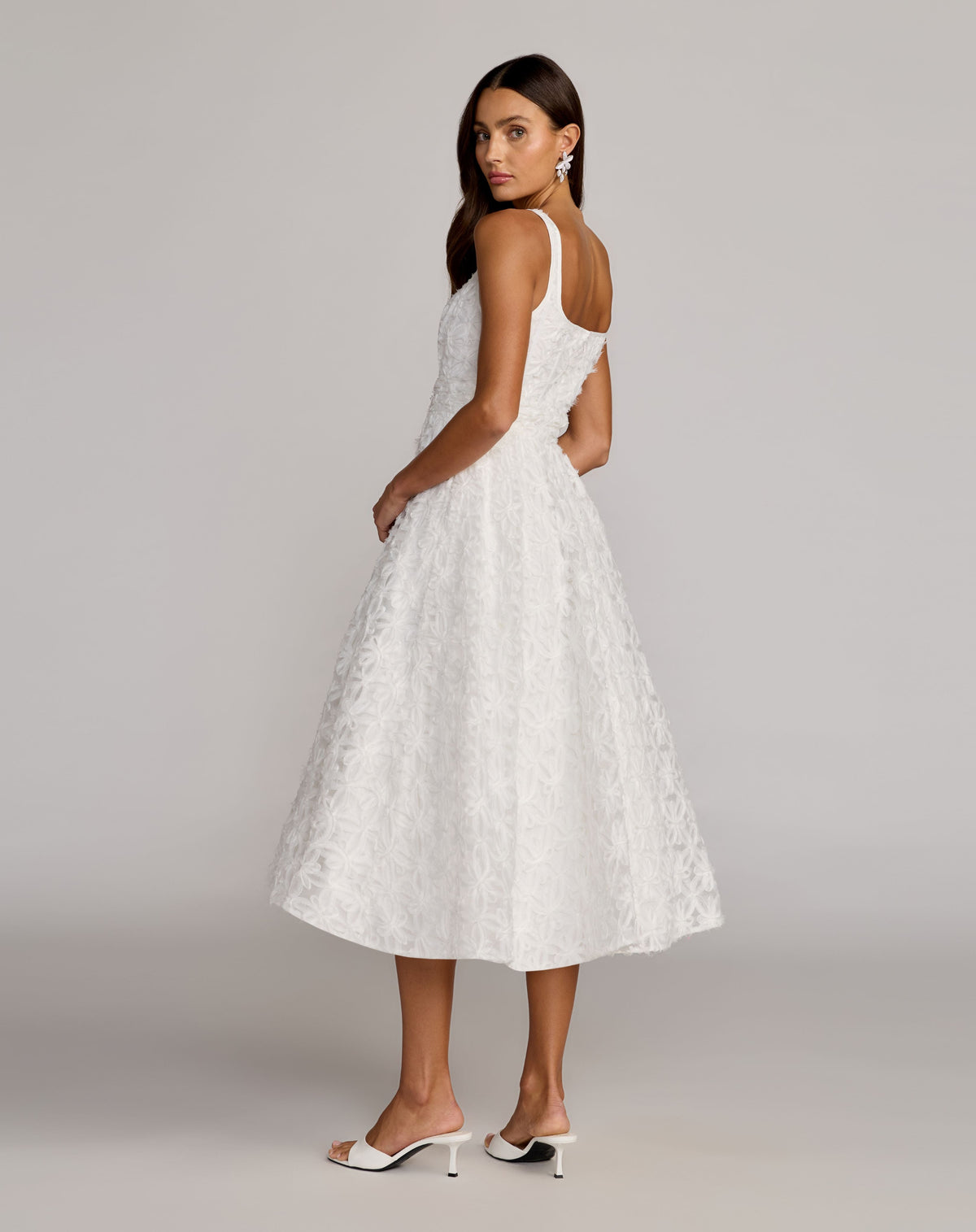 Mac Duggal White Tulle Floral Midi Dress With Pockets