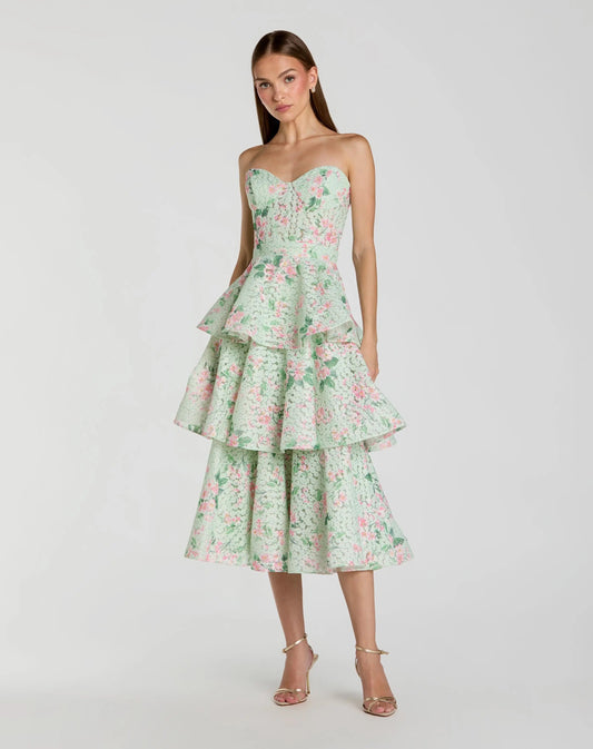 Mac Duggal Green Floral Tiered Strapless Midi Dress