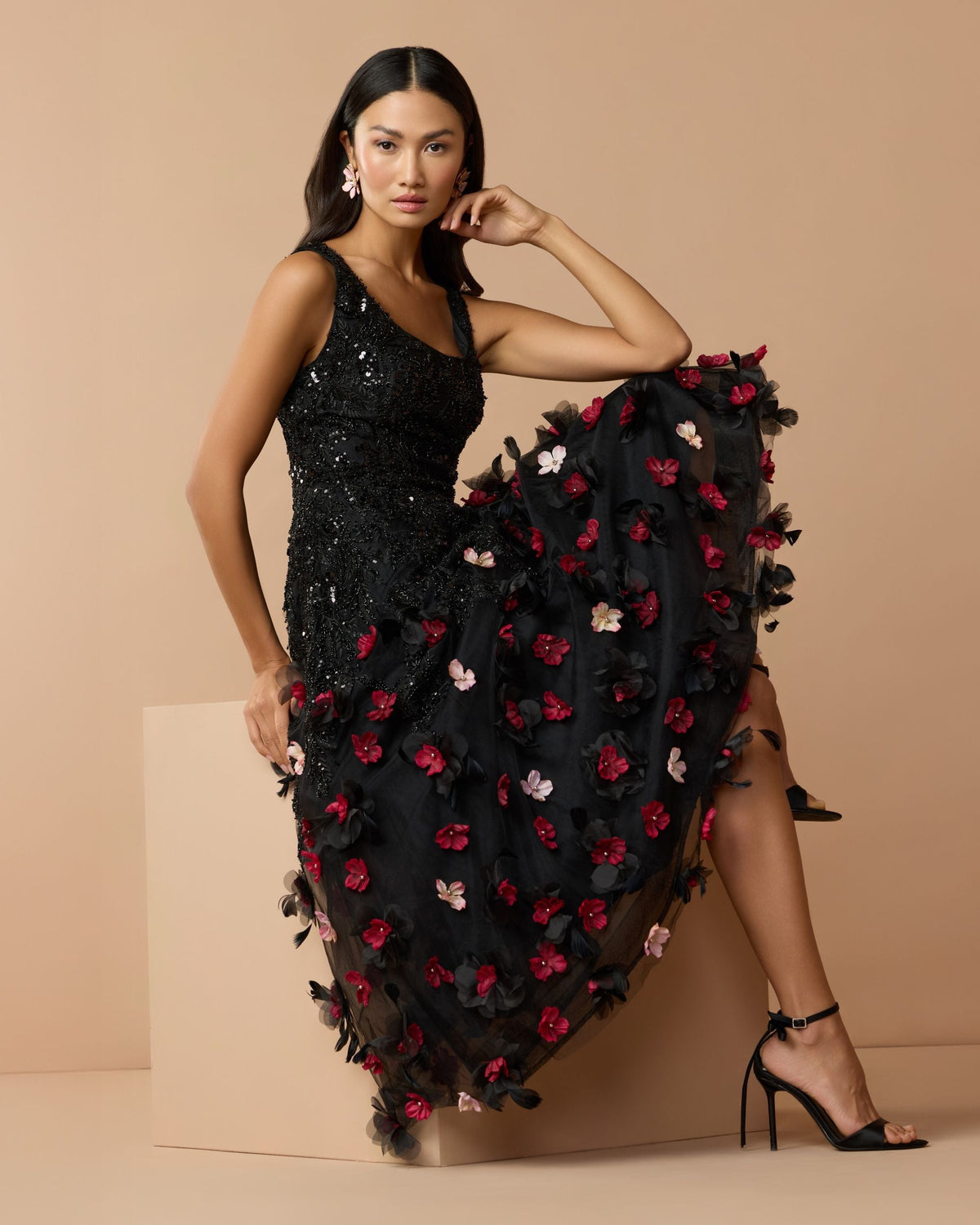 Mac Duggal Black Sleeveless Beaded Midi Dress With 3D Flowers