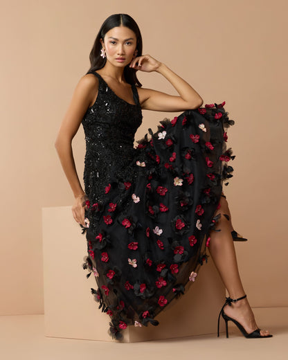 Mac Duggal Black Sleeveless Beaded Midi Dress With 3D Flowers