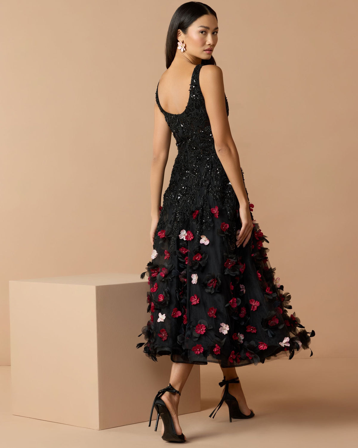 Mac Duggal Black Sleeveless Beaded Midi Dress With 3D Flowers