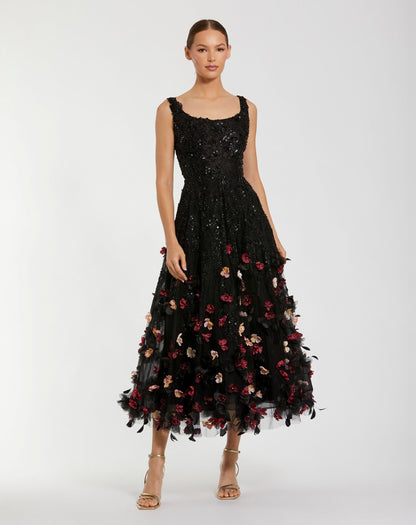 Mac Duggal Black Sleeveless Beaded Midi Dress With 3D Flowers