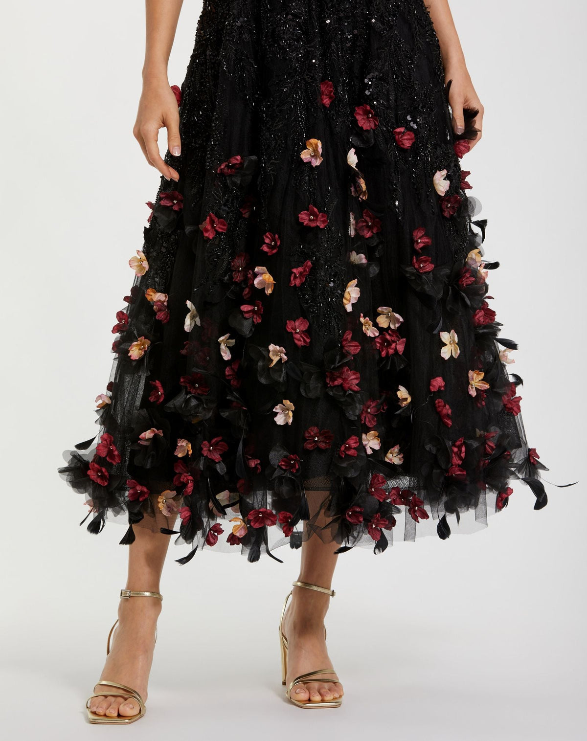 Mac Duggal Black Sleeveless Beaded Midi Dress With 3D Flowers