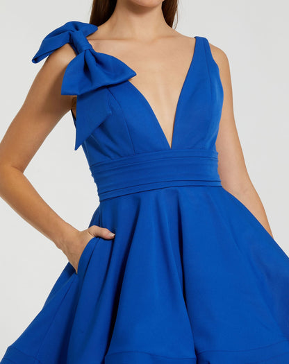 Mac Duggal Blue Plunge Neck Fit and Flare Mini Dress With Bow