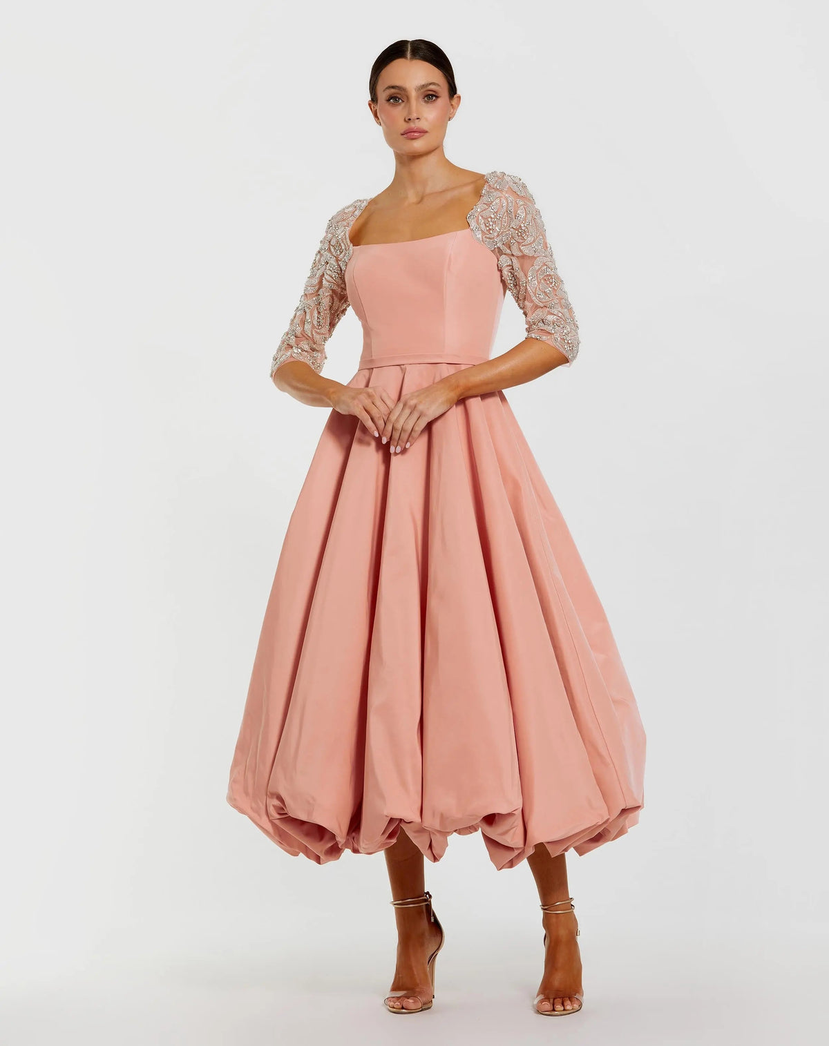 Mac Duggal Pink Bubble Hem Midi Dress With Embellished Sleeves
