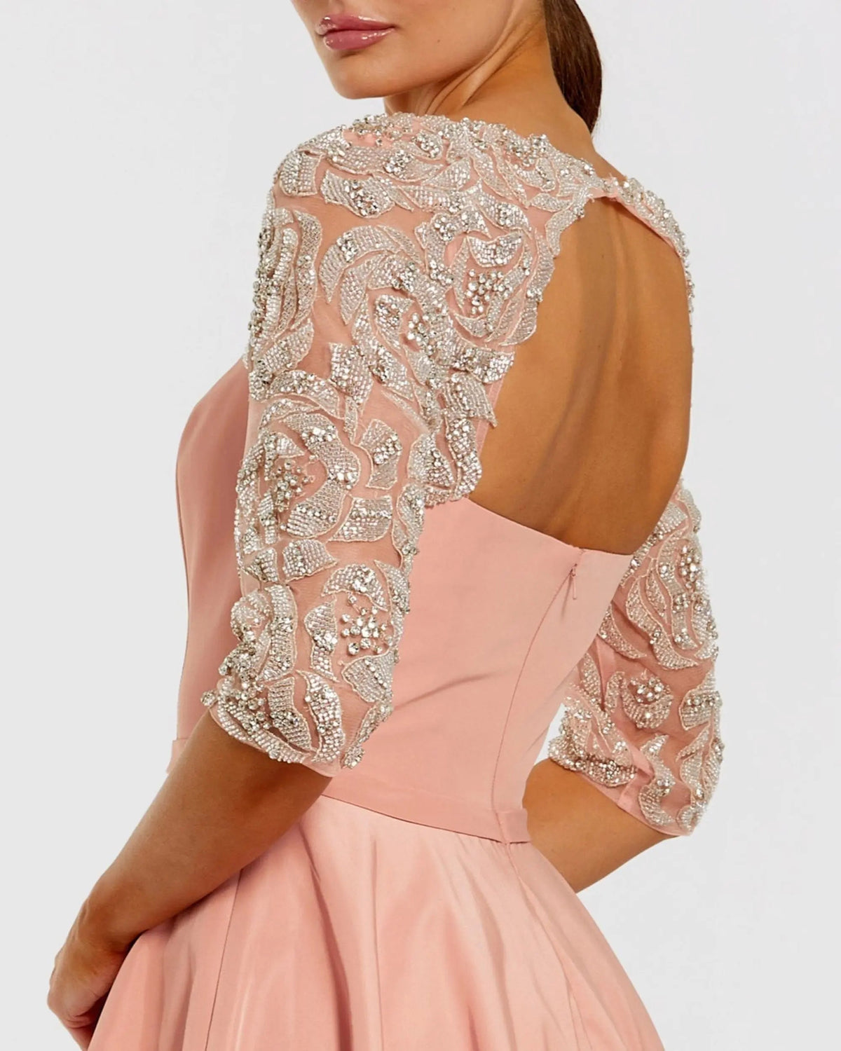 Mac Duggal Pink Bubble Hem Midi Dress With Embellished Sleeves