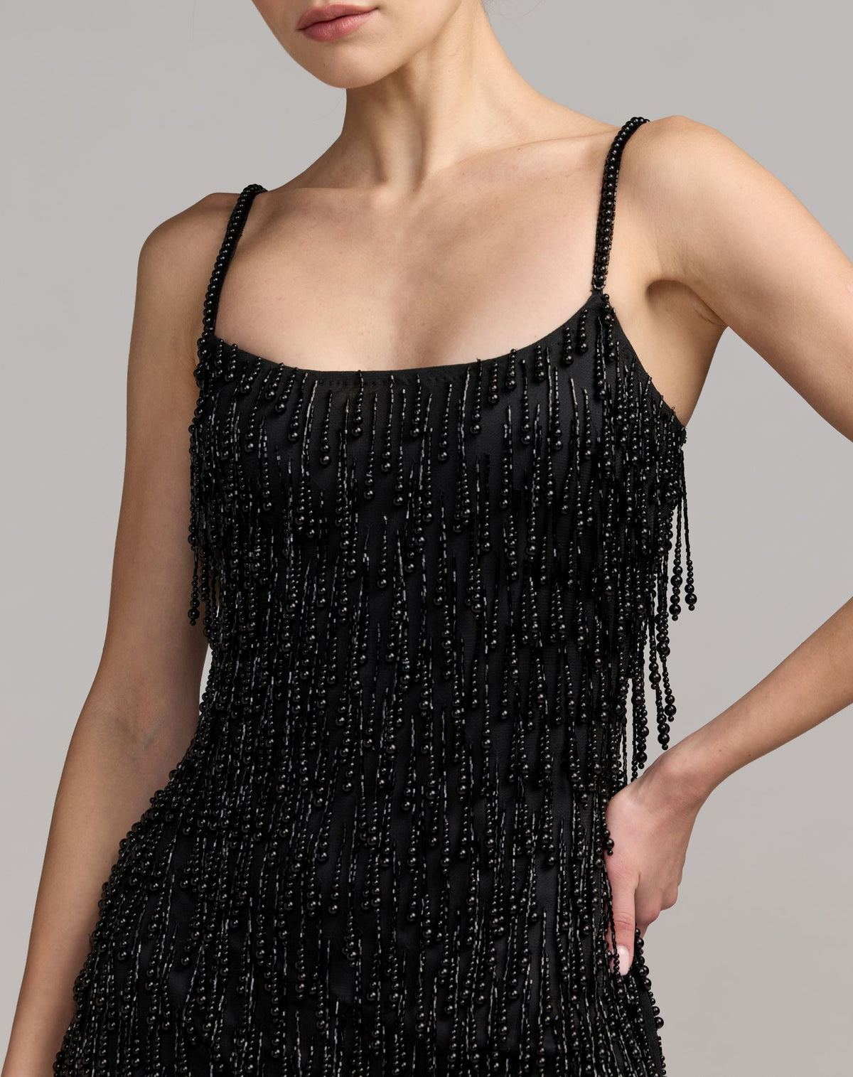 Mac Duggal Black Pearl Fringe Mini Dress