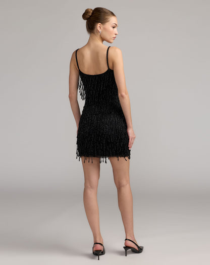 Mac Duggal Black Pearl Fringe Mini Dress