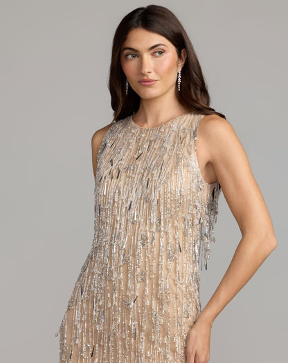Mac Duggal Nude Beaded Fringe Sleeveless Mini Dress