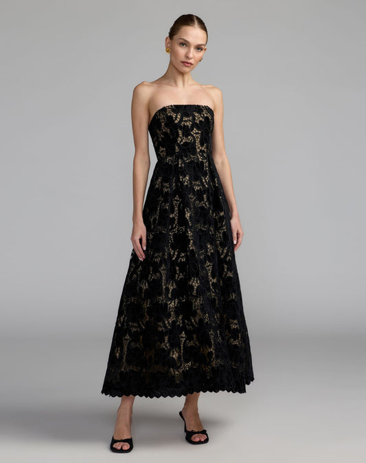 Mac Duggal Black Floral Lace Strapless A-Line Midi Dress