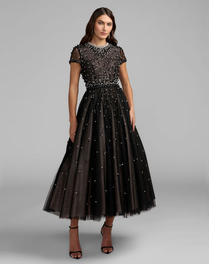 Mac Duggal Petite Black Embellished Pearl Tulle Midi Dress