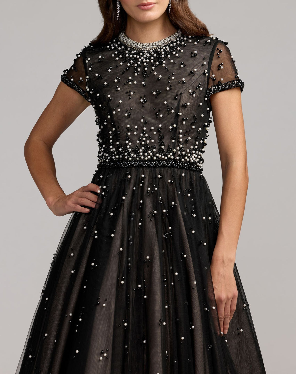 Mac Duggal Petite Black Embellished Pearl Tulle Midi Dress