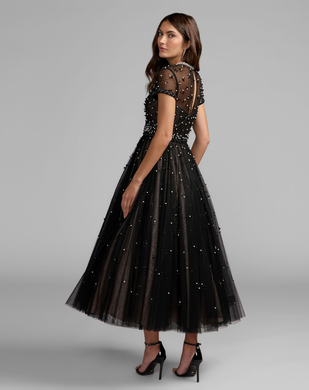 Mac Duggal Petite Black Embellished Pearl Tulle Midi Dress