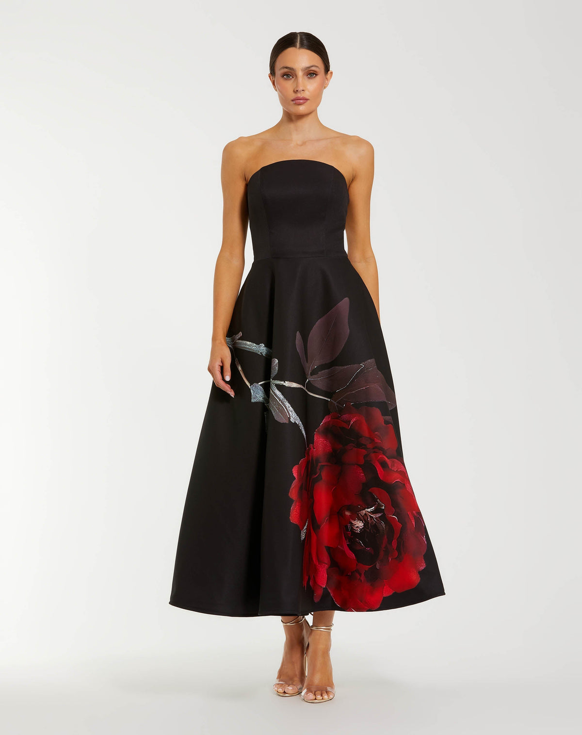 Mac Duggal Petite Black Printed Satin Strapless Midi Dress With Pockets